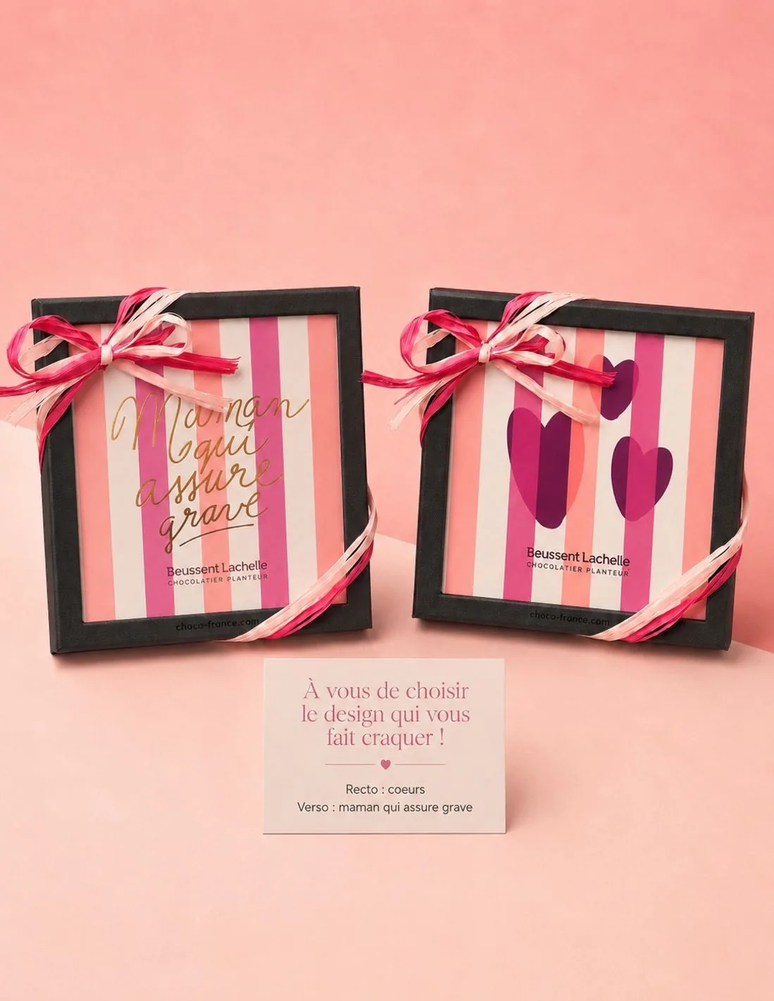 Coffrets cadeaux Beussent Lachelle 'Maman qui assure grave' design rayé rose et noir avec rubans