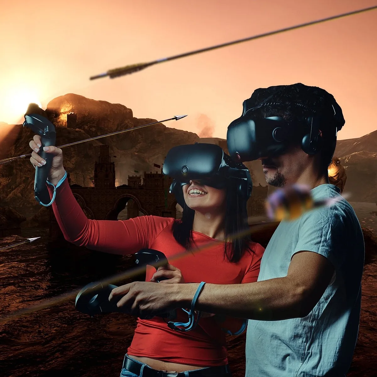 Couple en réalité virtuelle plongé dans une aventure VR chez DreamAway